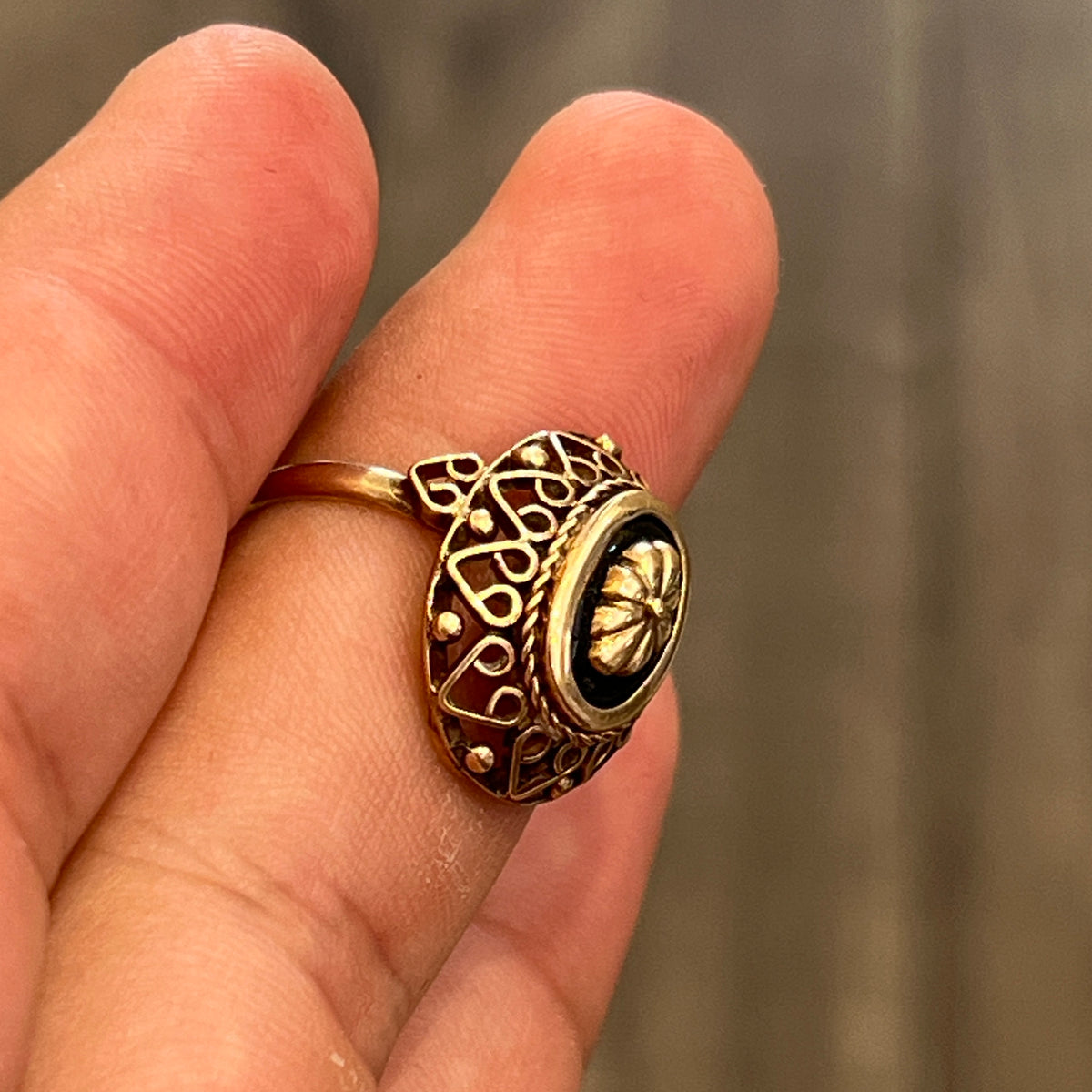 Vintage Black Enamel + 12k Rose Gold Ring - Sz. 8