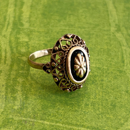 Vintage Black Enamel + 12k Rose Gold Ring - Sz. 8