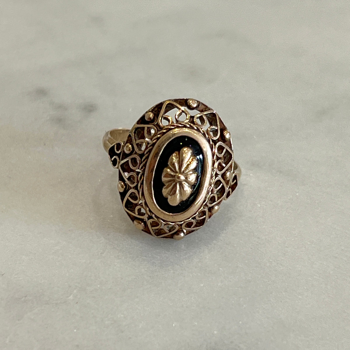 Vintage Black Enamel + 12k Rose Gold Ring - Sz. 8