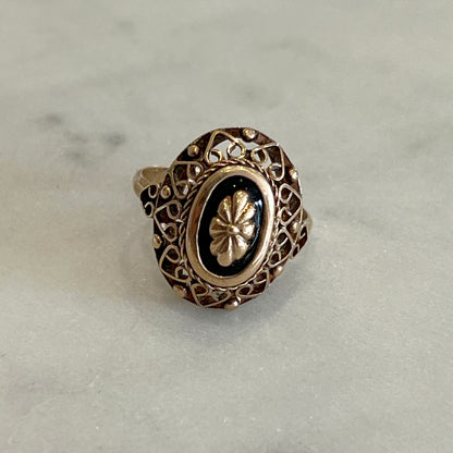 Vintage Black Enamel + 12k Rose Gold Ring - Sz. 8