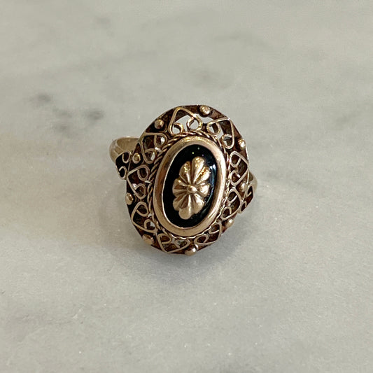 Vintage Black Enamel + 12k Rose Gold Ring - Sz. 8
