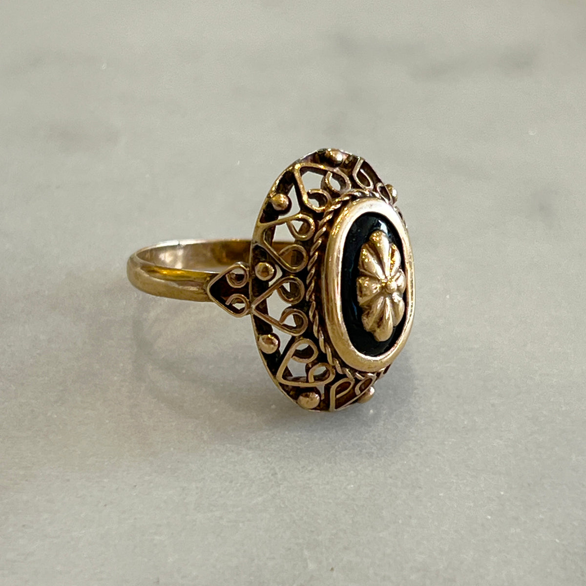 Vintage Black Enamel + 12k Rose Gold Ring - Sz. 8