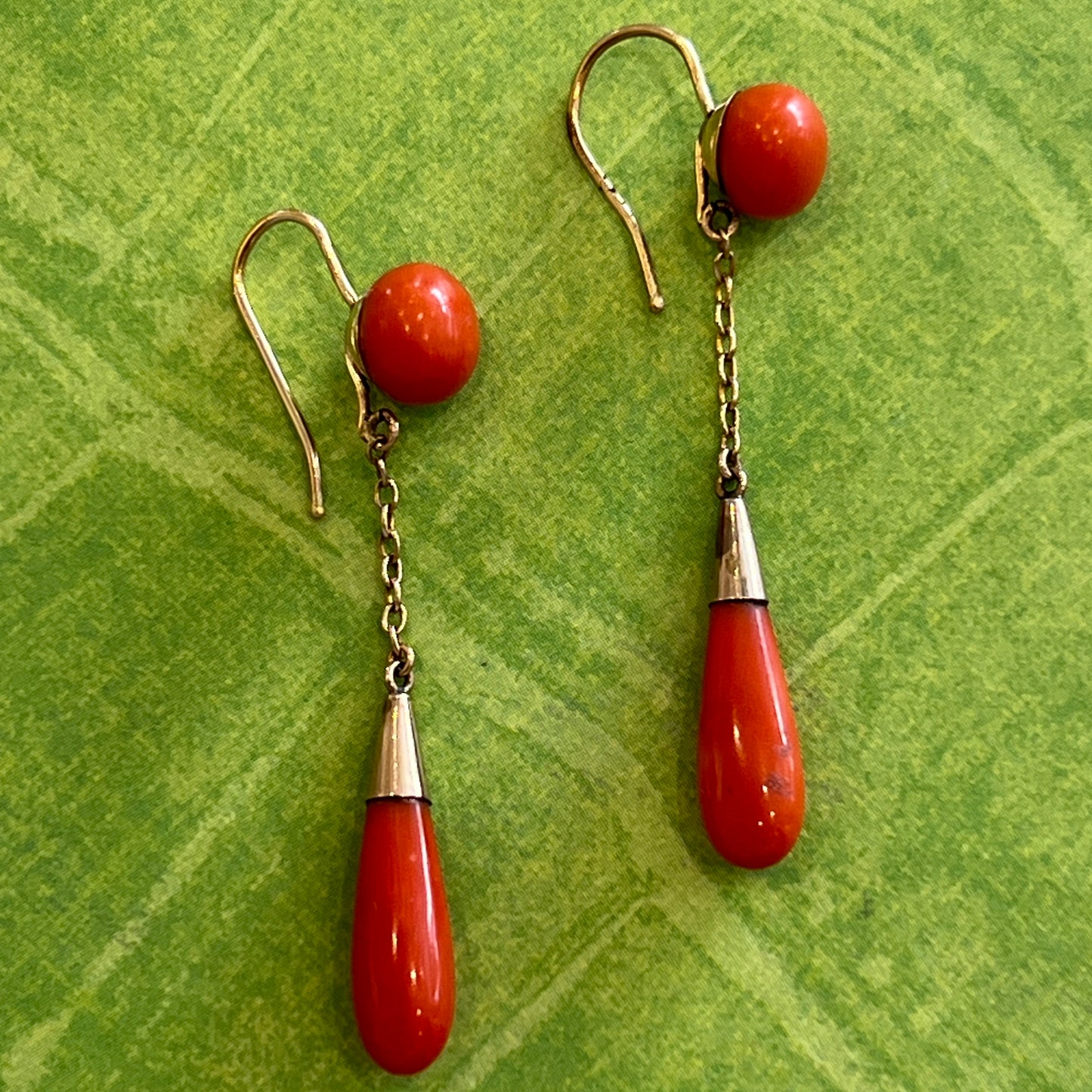 Antique Victorian 9k Gold + Coral Drop Earrings