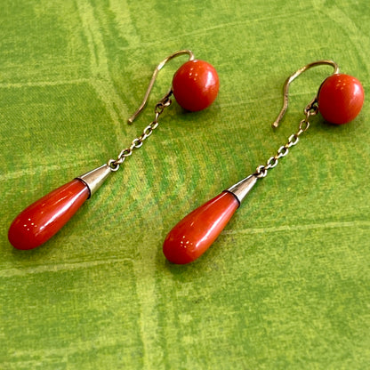 Antique Victorian 9k Gold + Coral Drop Earrings
