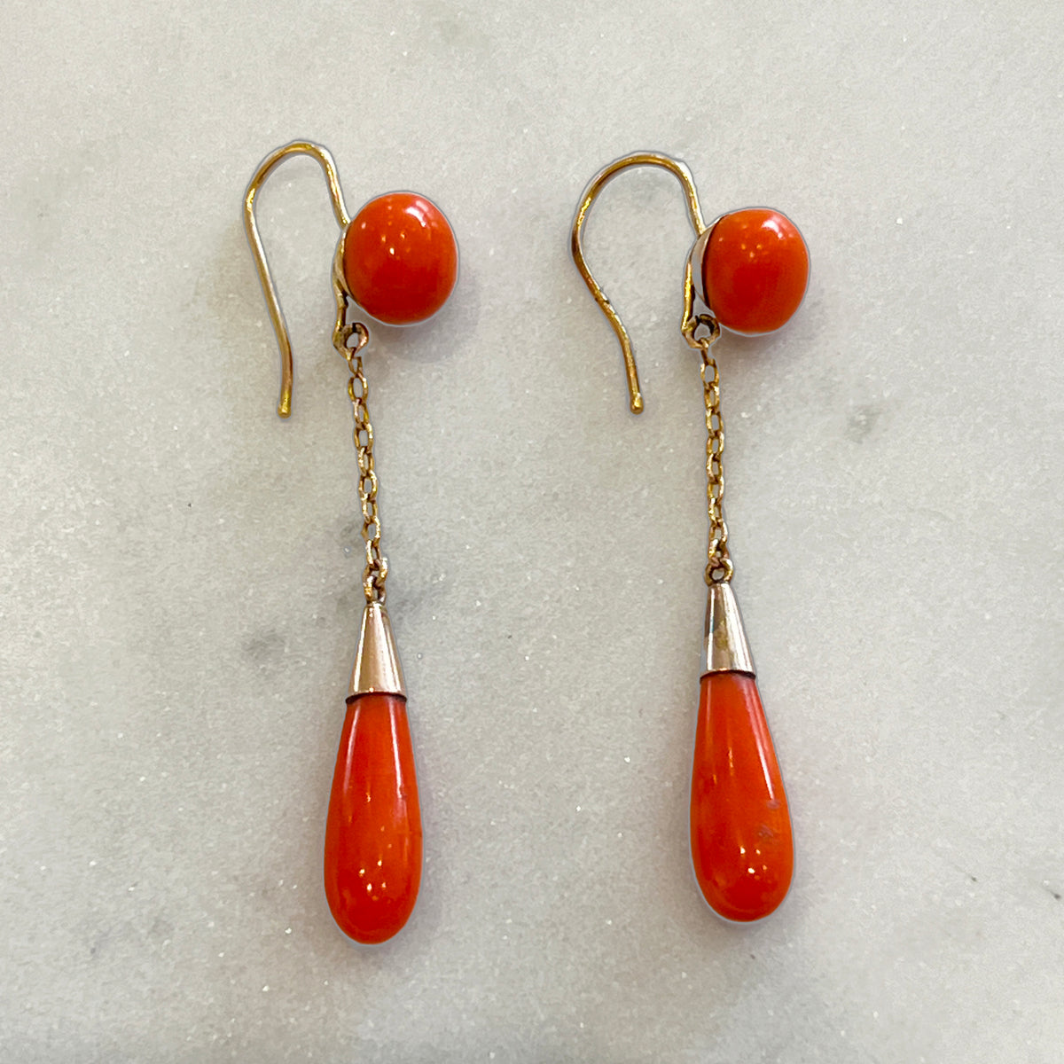 Antique Victorian 9k Gold + Coral Drop Earrings
