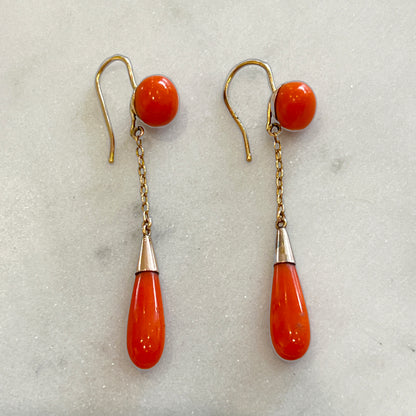 Antique Victorian 9k Gold + Coral Drop Earrings