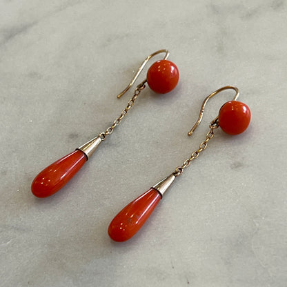 Antique Victorian 9k Gold + Coral Drop Earrings