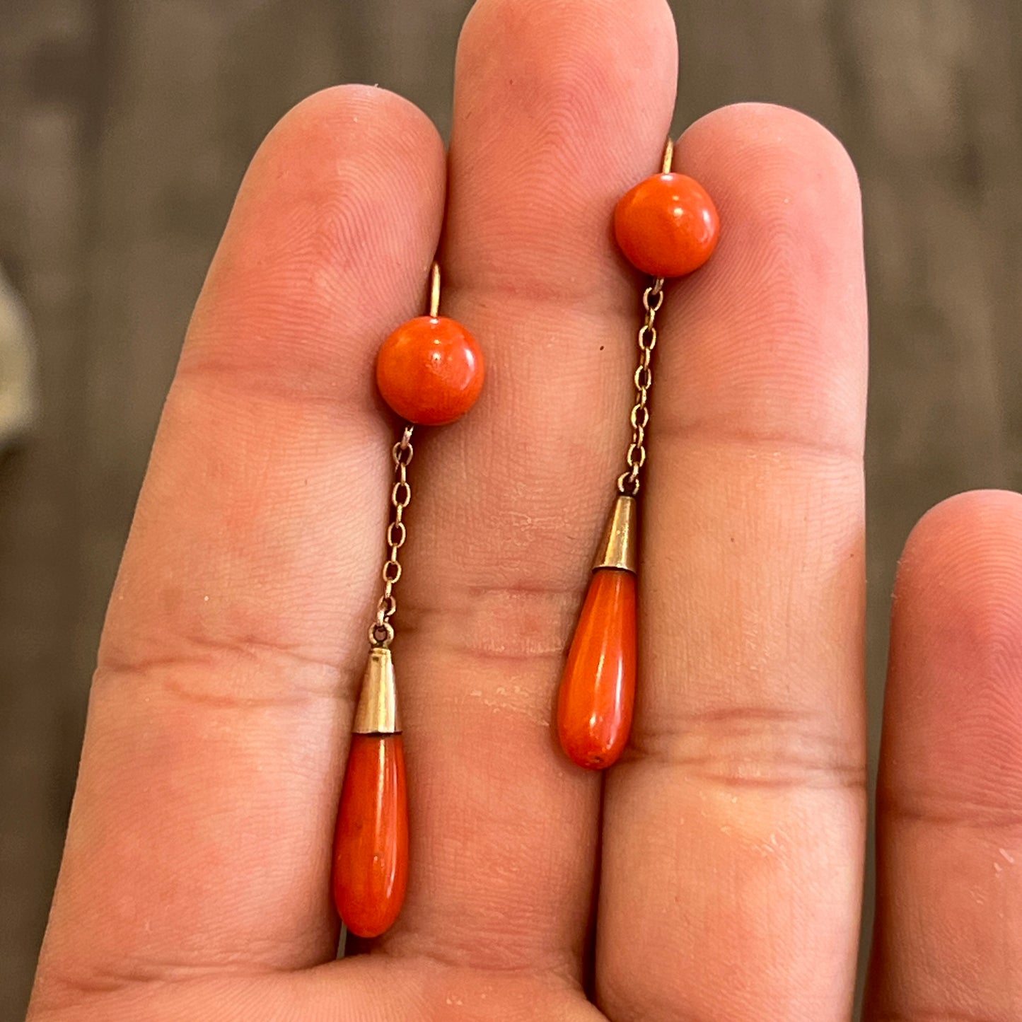 Antique Victorian 9k Gold + Coral Drop Earrings