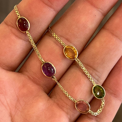 Estate Multi-Stone Cabochon + 14k Yellow Gold Station Bracelet - 6.75”L