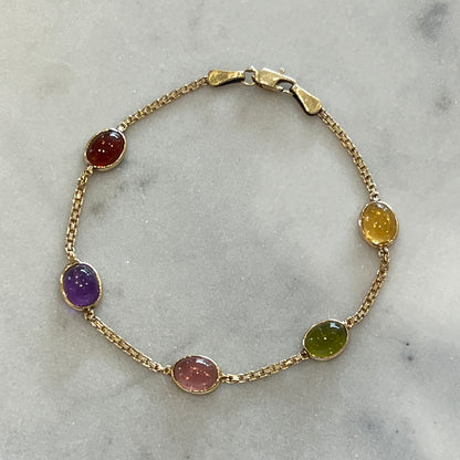 Estate Multi-Stone Cabochon + 14k Yellow Gold Station Bracelet - 6.75”L
