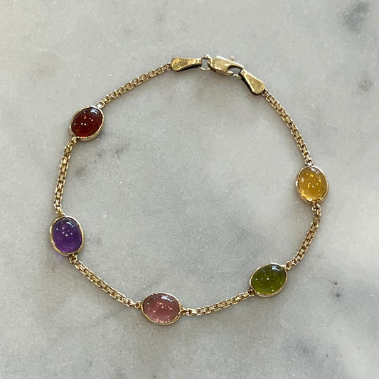 Estate Multi-Stone Cabochon + 14k Yellow Gold Station Bracelet - 6.75”L