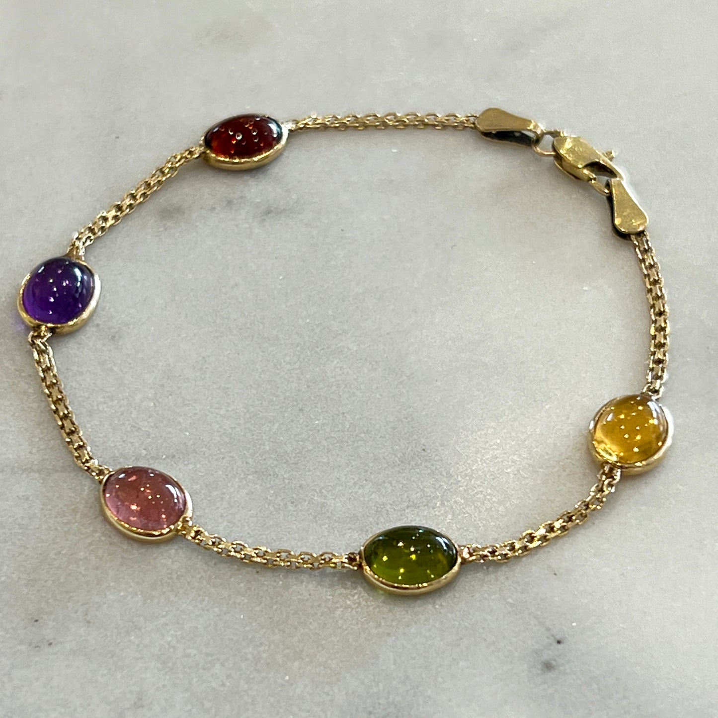 Estate Multi-Stone Cabochon + 14k Yellow Gold Station Bracelet - 6.75”L