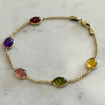 Estate Multi-Stone Cabochon + 14k Yellow Gold Station Bracelet - 6.75”L