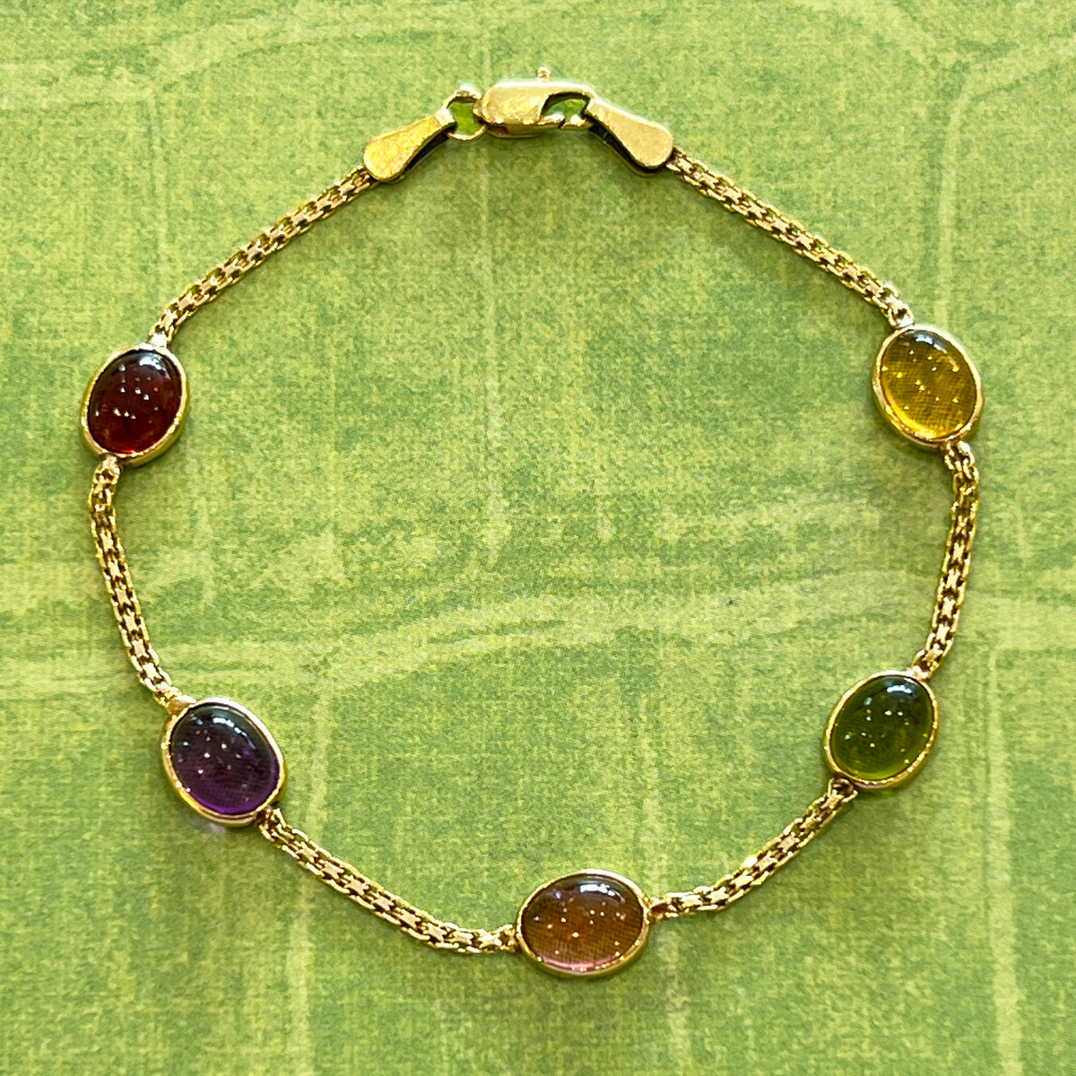 Estate Multi-Stone Cabochon + 14k Yellow Gold Station Bracelet - 6.75”L