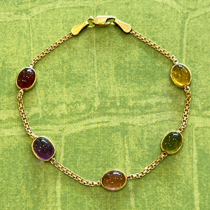 Estate Multi-Stone Cabochon + 14k Yellow Gold Station Bracelet - 6.75”L