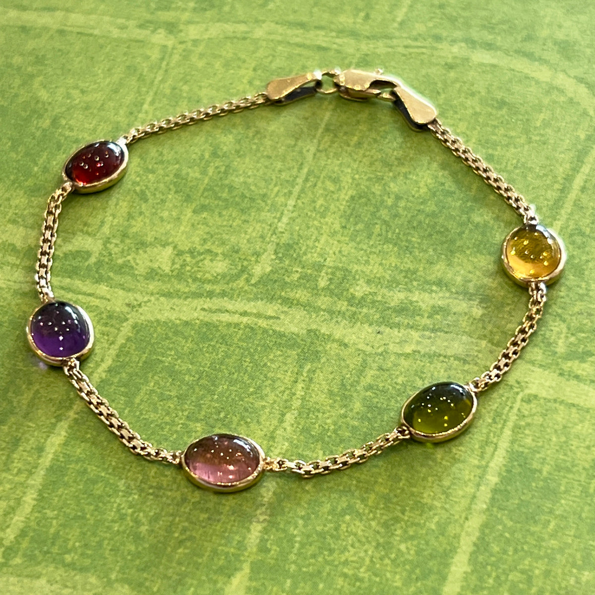 Estate Multi-Stone Cabochon + 14k Yellow Gold Station Bracelet - 6.75”L