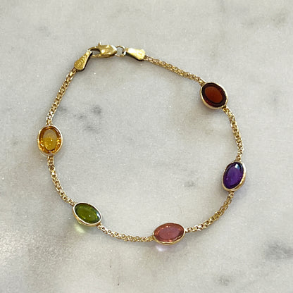 Estate Multi-Stone Cabochon + 14k Yellow Gold Station Bracelet - 6.75”L