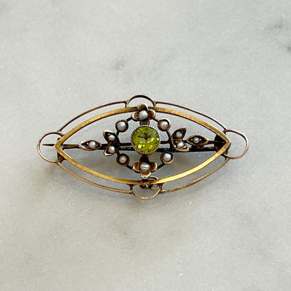 Antique Victorian 9k Gold Peridot + Pearl Brooch/Pendant