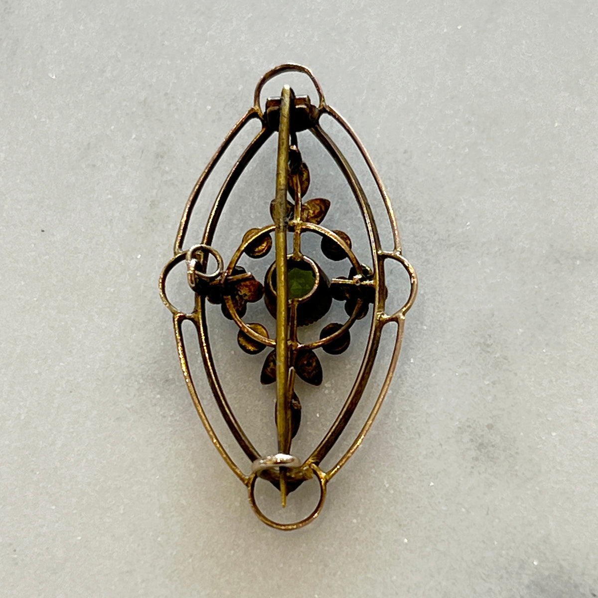 Antique Victorian 9k Gold Peridot + Pearl Brooch/Pendant