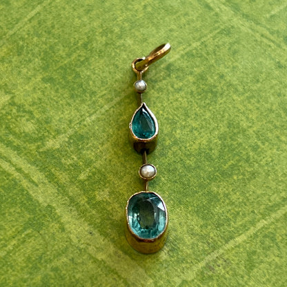 Antique Edwardian Aquamarine + Pearl Pendant - 9ct Rose Gold