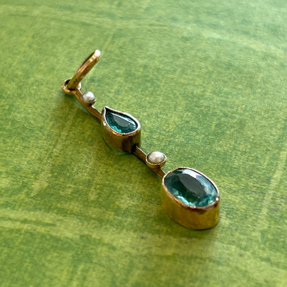 Antique Edwardian Aquamarine + Pearl Pendant - 9ct Rose Gold