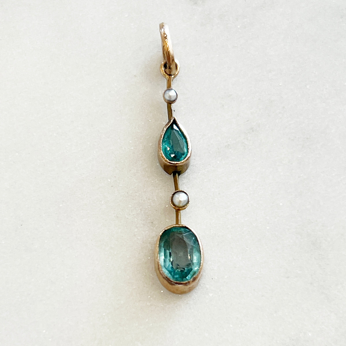 Antique Edwardian Aquamarine + Pearl Pendant - 9ct Rose Gold