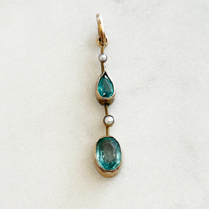 Antique Edwardian Aquamarine + Pearl Pendant - 9ct Rose Gold