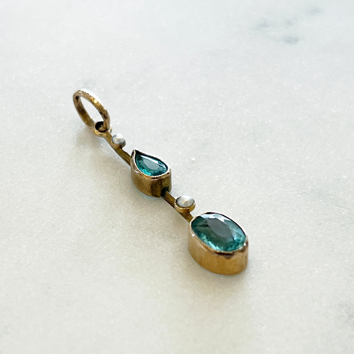 Antique Edwardian Aquamarine + Pearl Pendant - 9ct Rose Gold