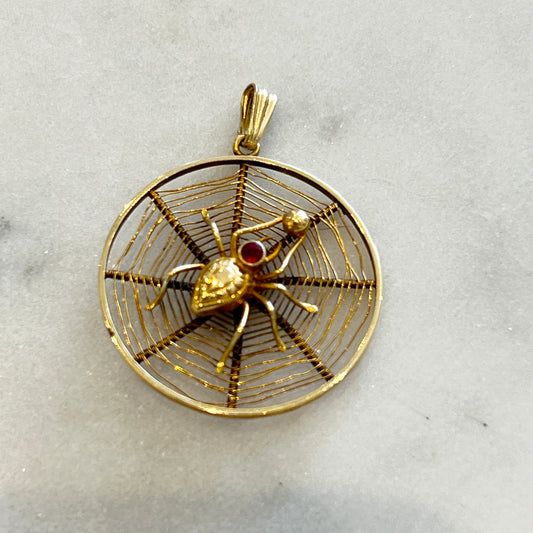 Vintage Ruby + 18k Yellow Gold Spider Pendant