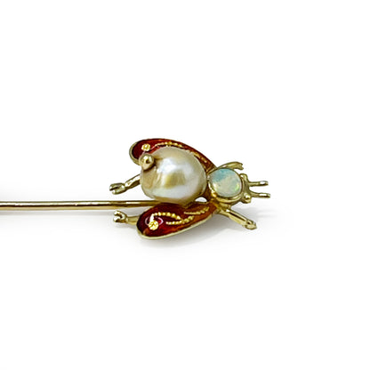 Antique Enamel + Opal + Pearl + 14k Yellow Gold Fly Stick Pin