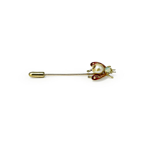 Antique Enamel + Opal + Pearl + 14k Yellow Gold Fly Stick Pin