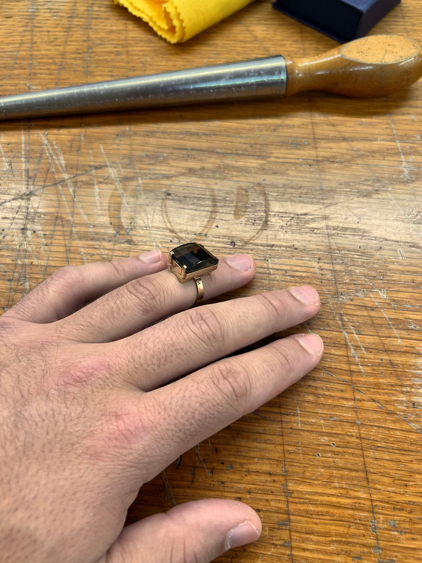 Vintage Jumbo Smoky Topaz + 9ct Yellow Gold Cocktail Ring - Sz. 6