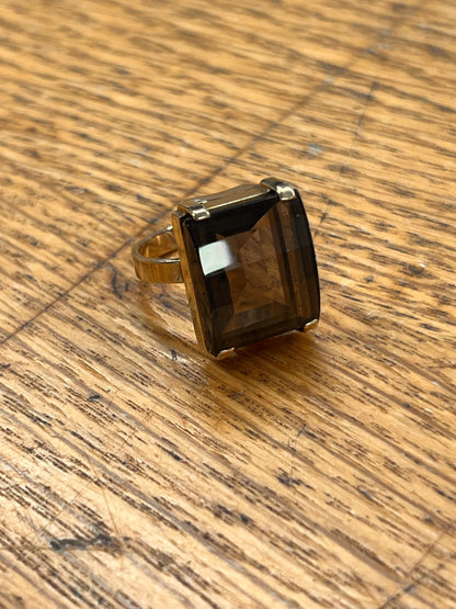 Vintage Jumbo Smoky Topaz + 9ct Yellow Gold Cocktail Ring - Sz. 6