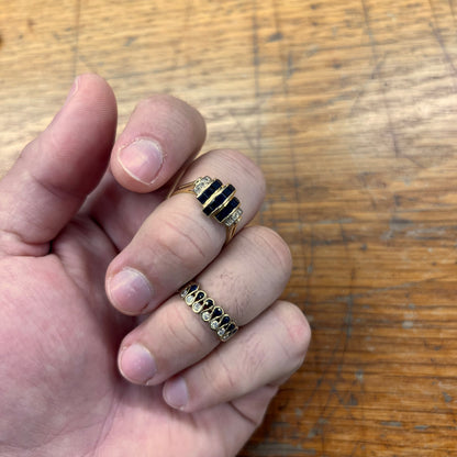 Vintage Blue Sapphire + Diamond + 14ct Yellow Gold Tank Ring - Sz. 8