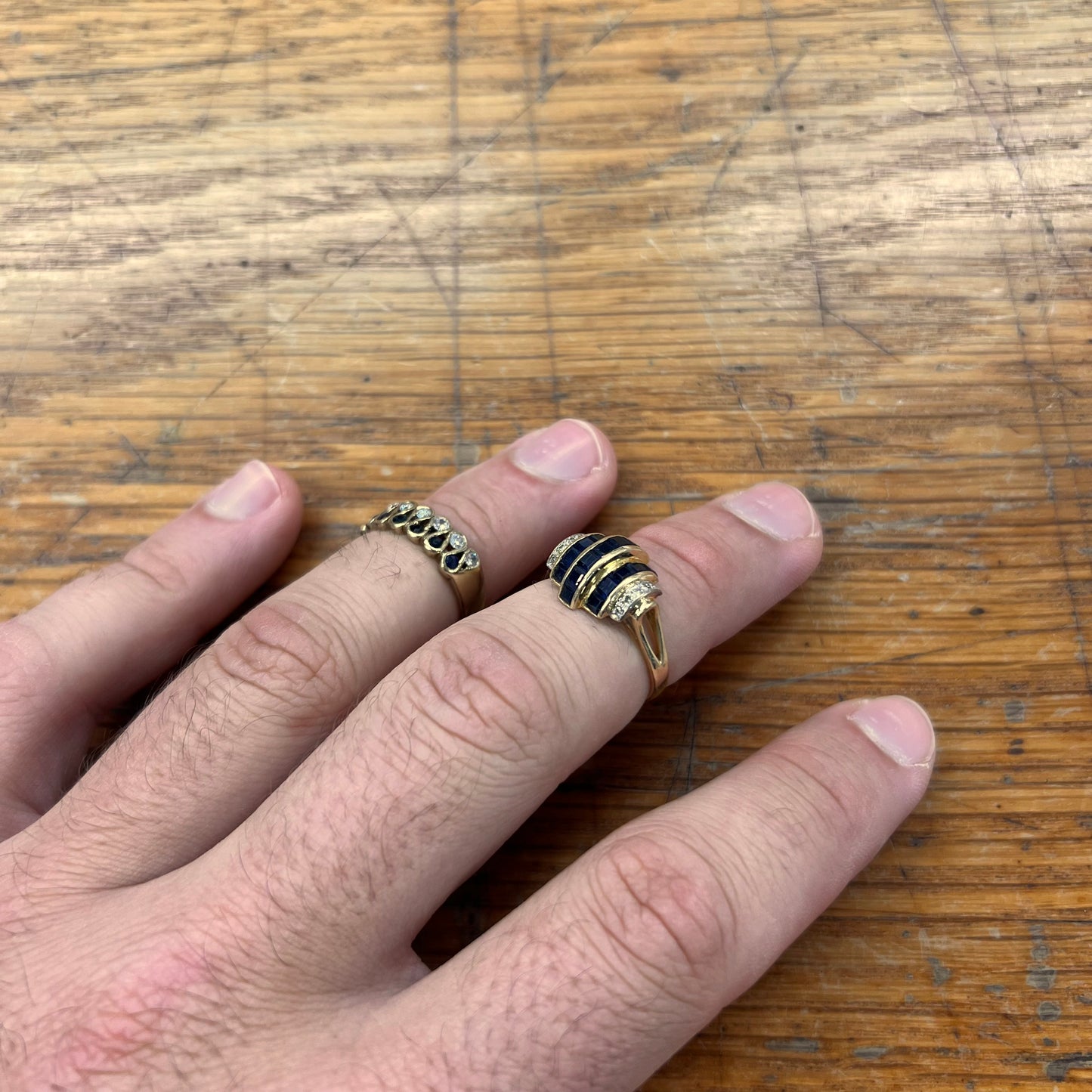 Vintage Blue Sapphire + Diamond + 14ct Yellow Gold Tank Ring - Sz. 8