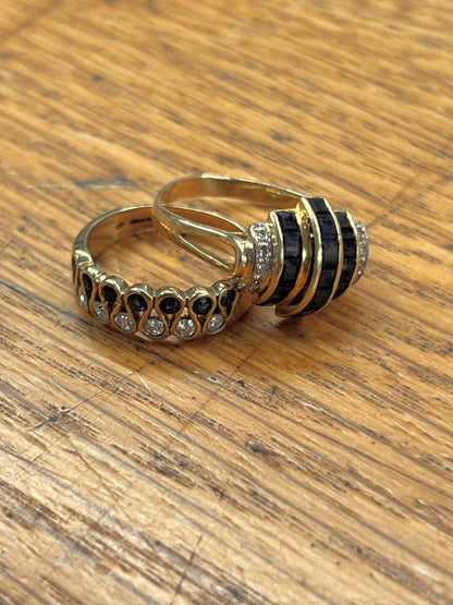 Vintage Blue Sapphire + Diamond + 14ct Yellow Gold Tank Ring - Sz. 8