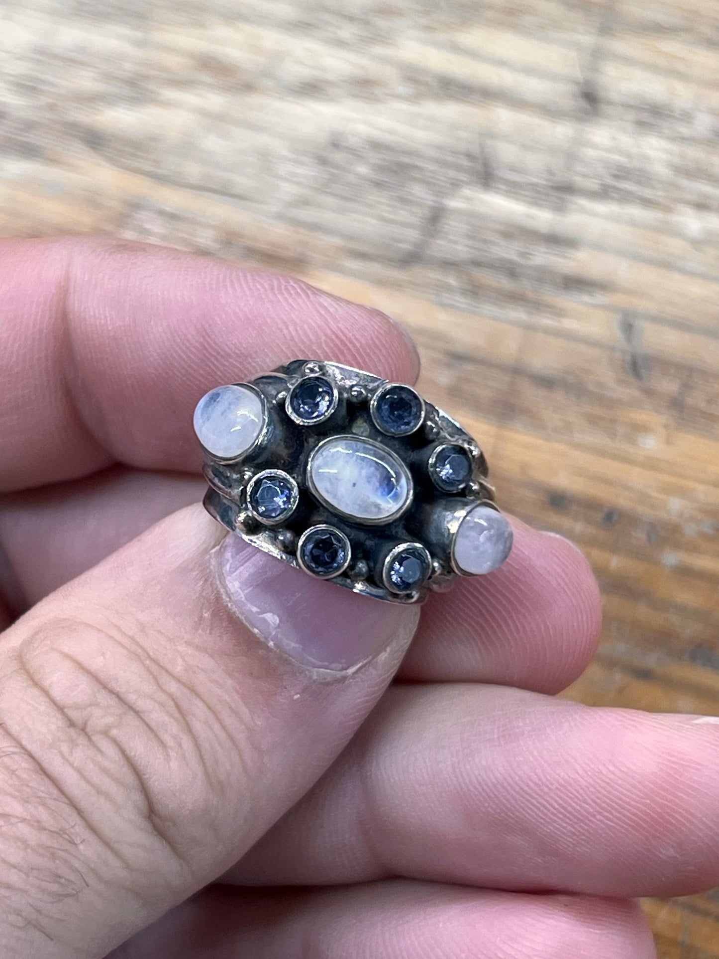 Estate Moonstone + Blue Spinel + Sterling Silver Sheild Ring - Sz. 6