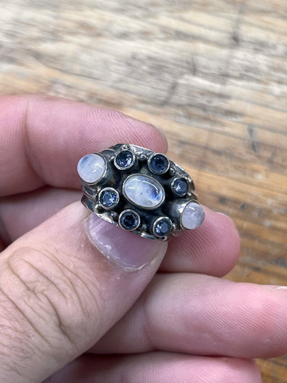 Estate Moonstone + Blue Spinel + Sterling Silver Sheild Ring - Sz. 6