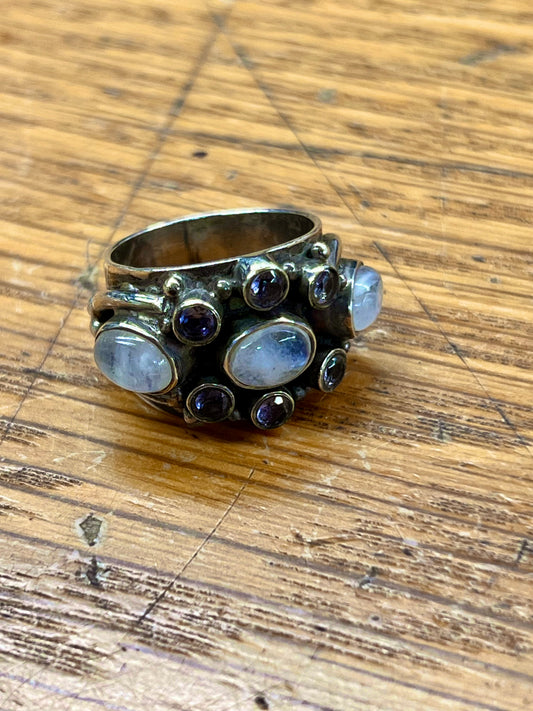 Estate Moonstone + Blue Spinel + Sterling Silver Sheild Ring - Sz. 6
