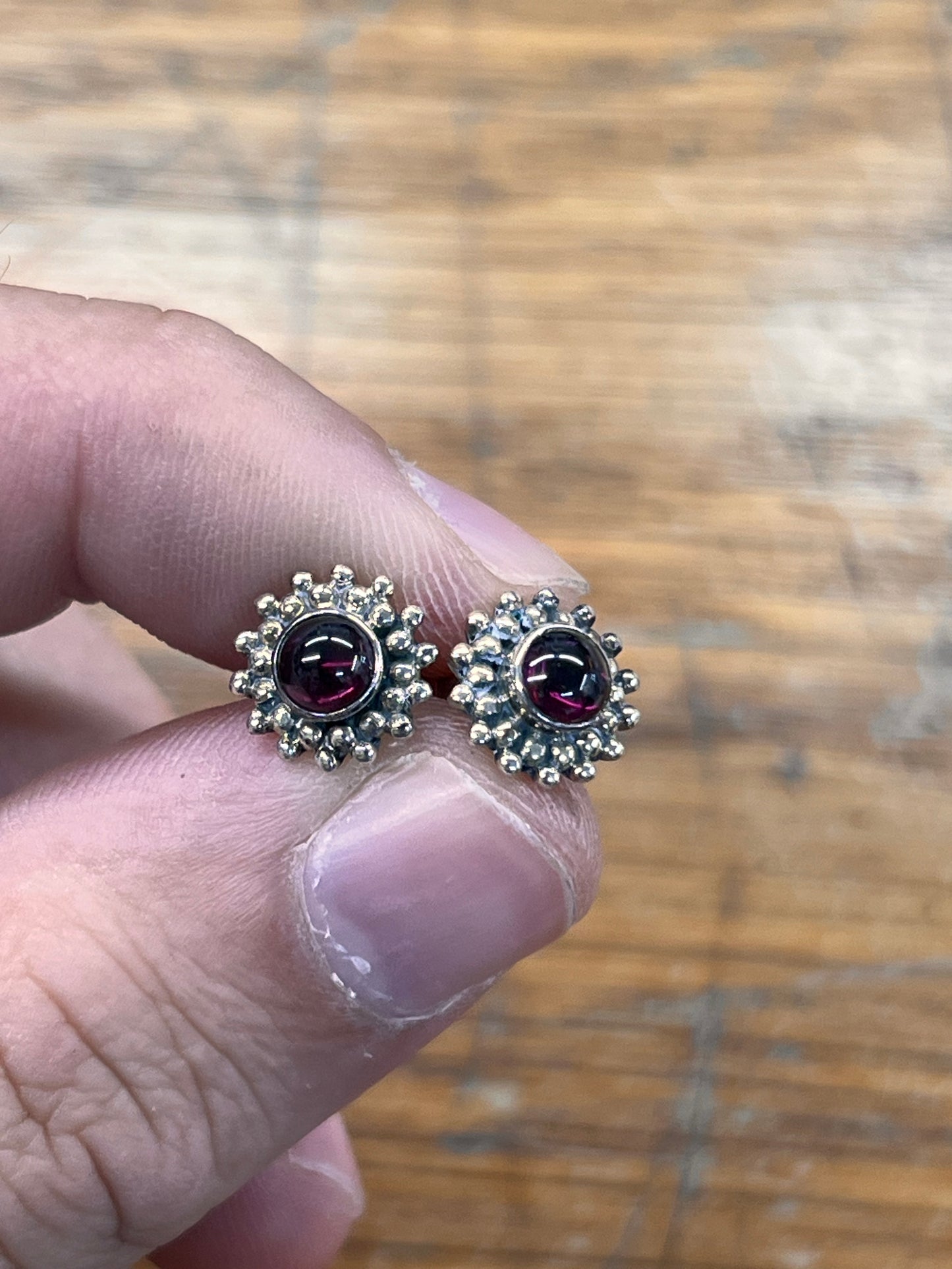 Estate Pink Spinel Cabochon  + Sterling Silver Stud Earrings