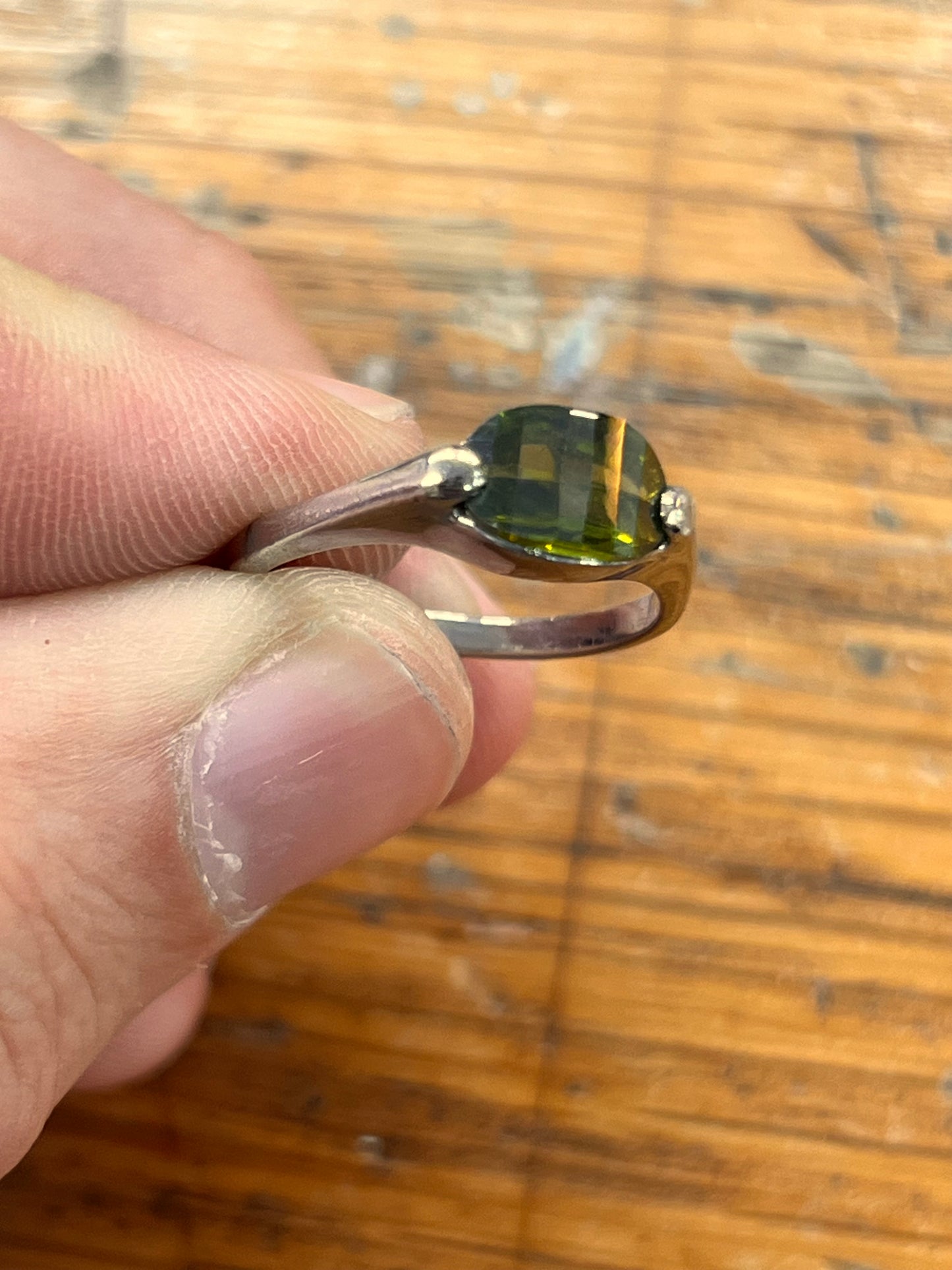 Estate Flat Green Tourmaline + Sterling Silver Ring - Sz. 7.5