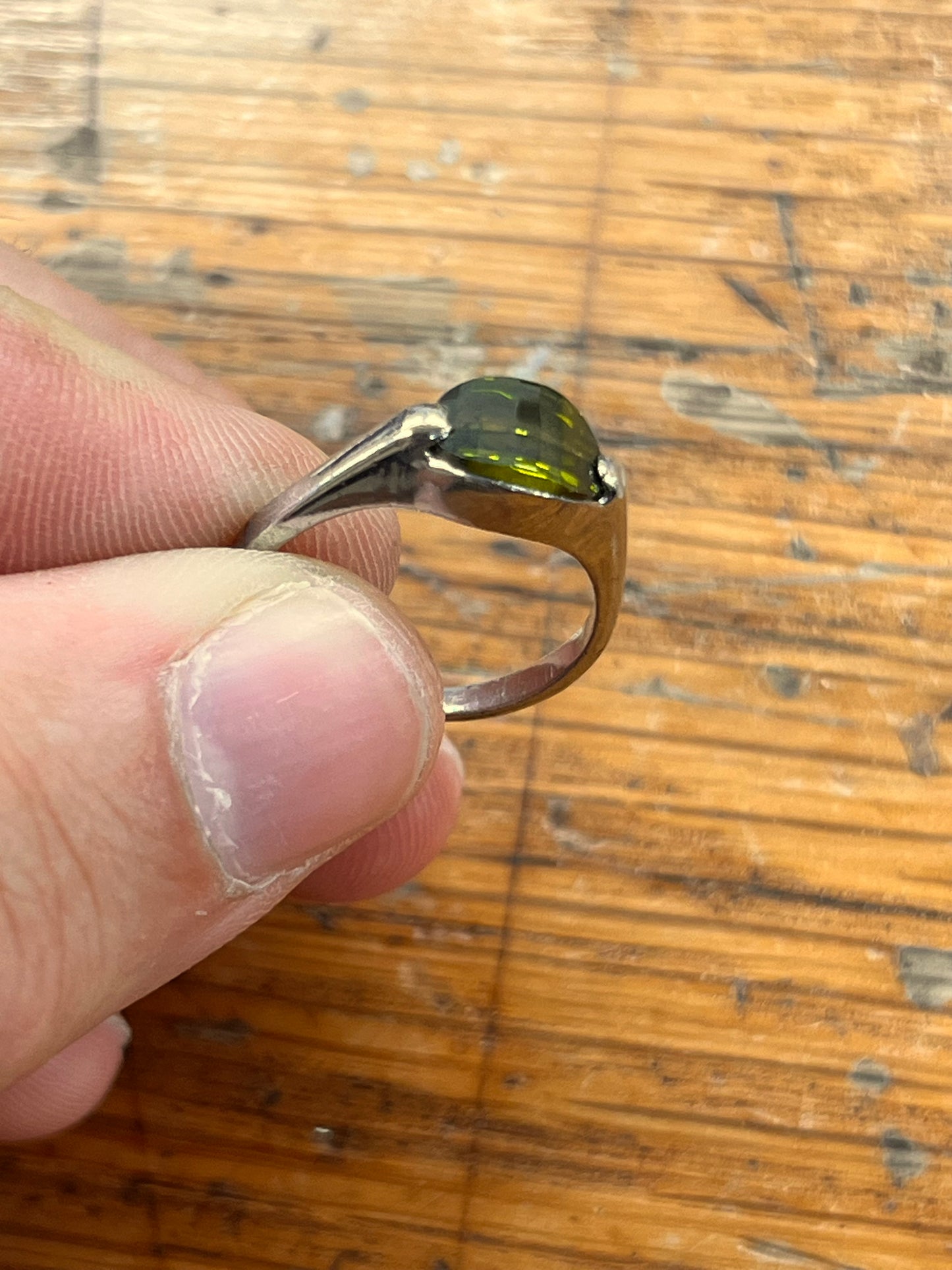 Estate Flat Green Tourmaline + Sterling Silver Ring - Sz. 7.5