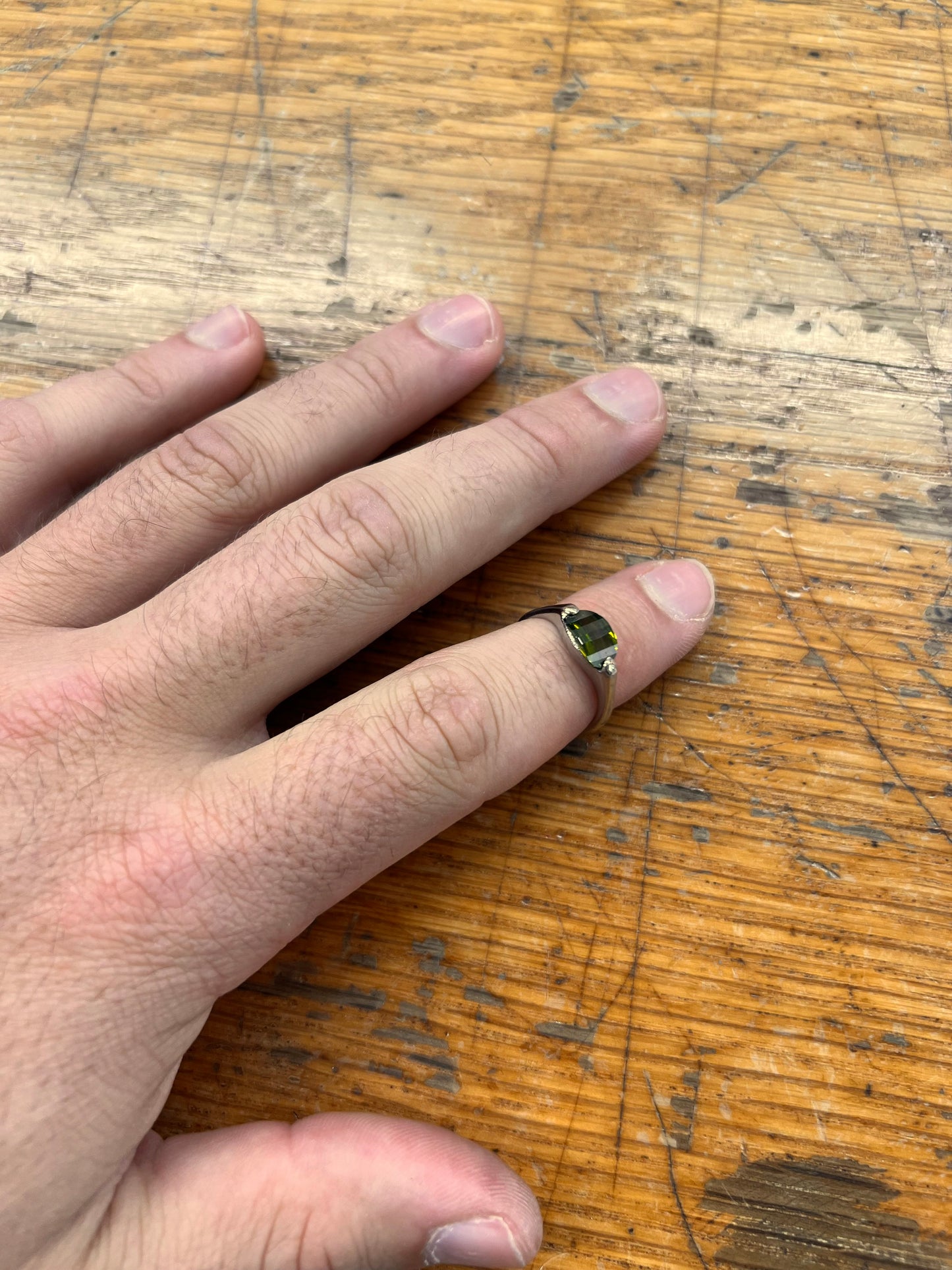 Estate Flat Green Tourmaline + Sterling Silver Ring - Sz. 7.5