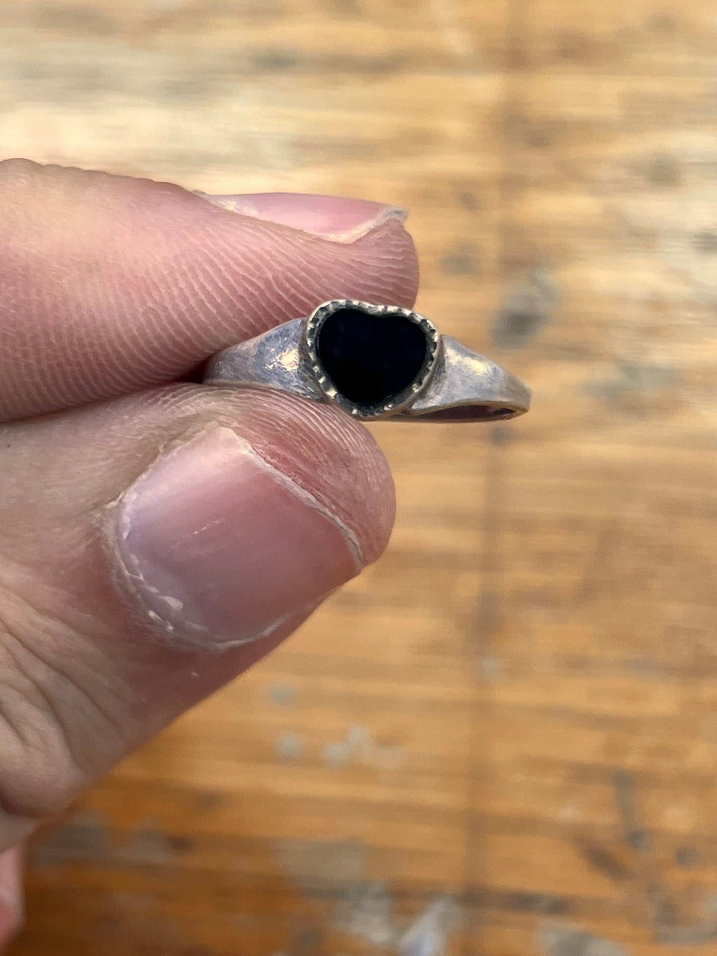 Estate Onyx + Sterling Silver Heart Signet Ring - Sz. 6.25