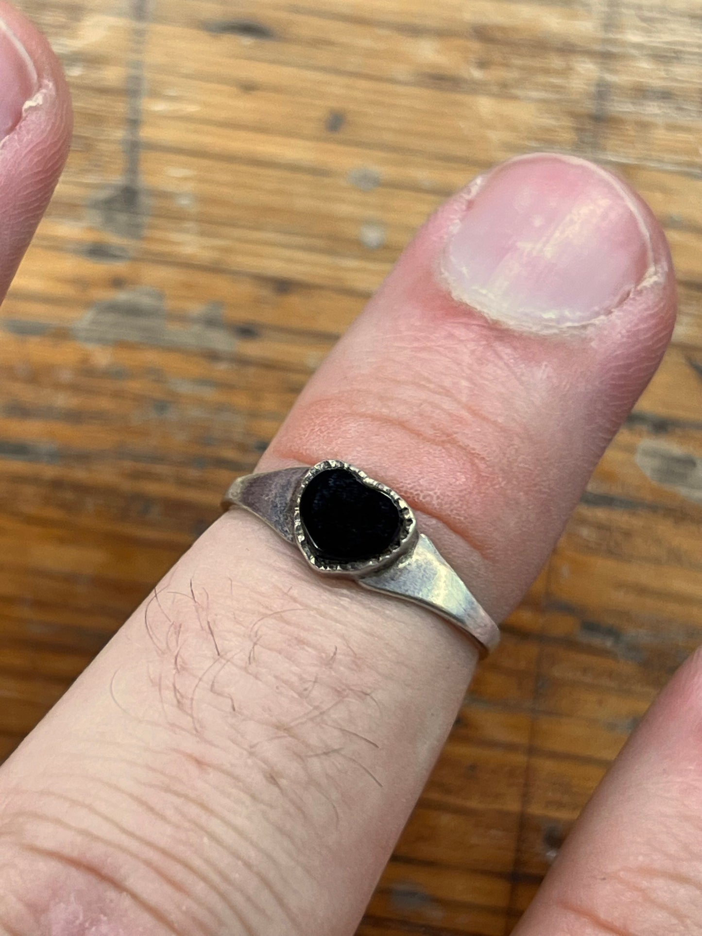 Estate Onyx + Sterling Silver Heart Signet Ring - Sz. 6.25