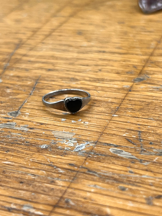 Estate Onyx + Sterling Silver Heart Signet Ring - Sz. 6.25