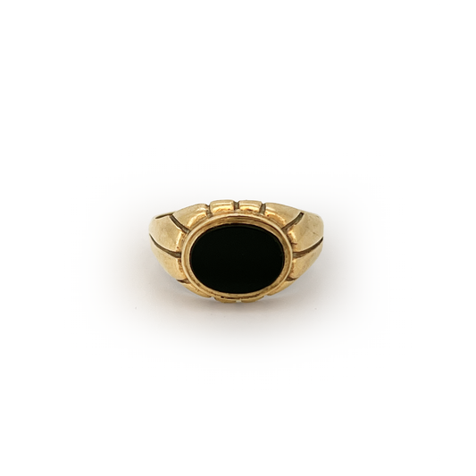 Vintage Black Onyx + 9ct Yellow Gold Ribbed Signet Ring - Sz. 4.75