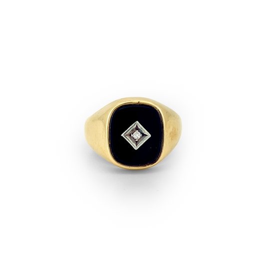 Vintage Onyx + Diamond + 9ct Yellow Gold Signet Ring - Sz. 7.75