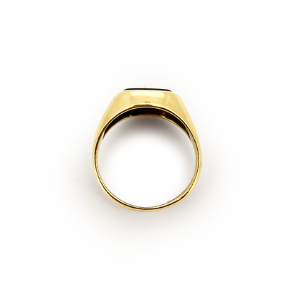 Vintage Onyx + Diamond + 9ct Yellow Gold Signet Ring - Sz. 7.75