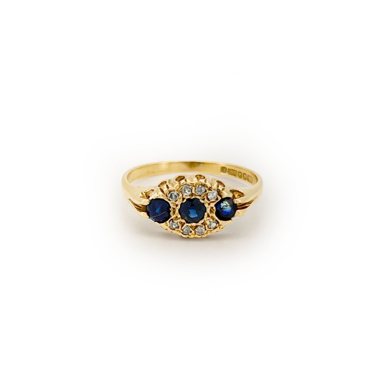 Vintage Blue Sapphire + Diamond + 9ct Yellow Gold Triple Ring - Sz. 4.75